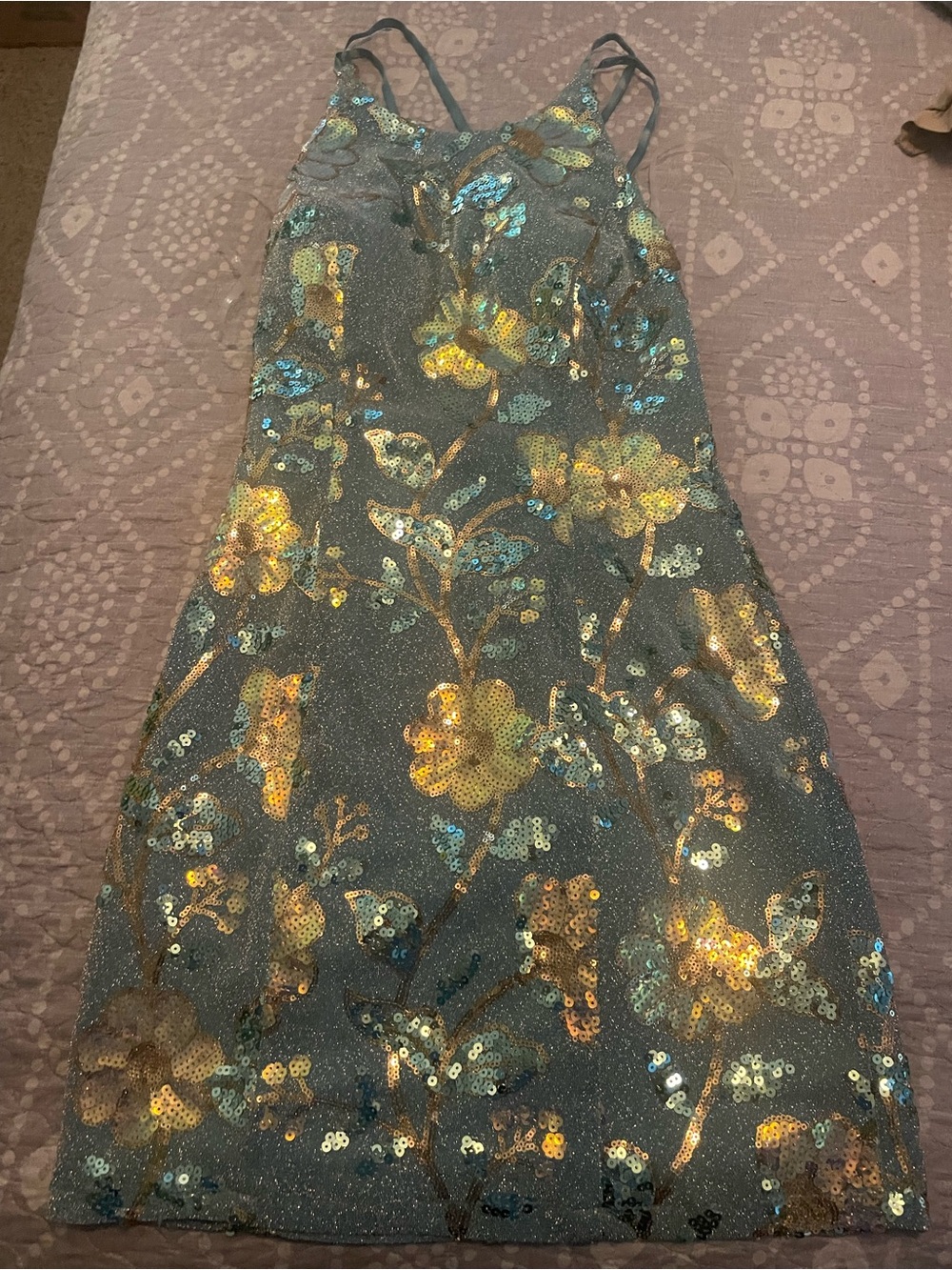 Papermoon Iridescent Blue-Green Sequin Floral Mini Dress
